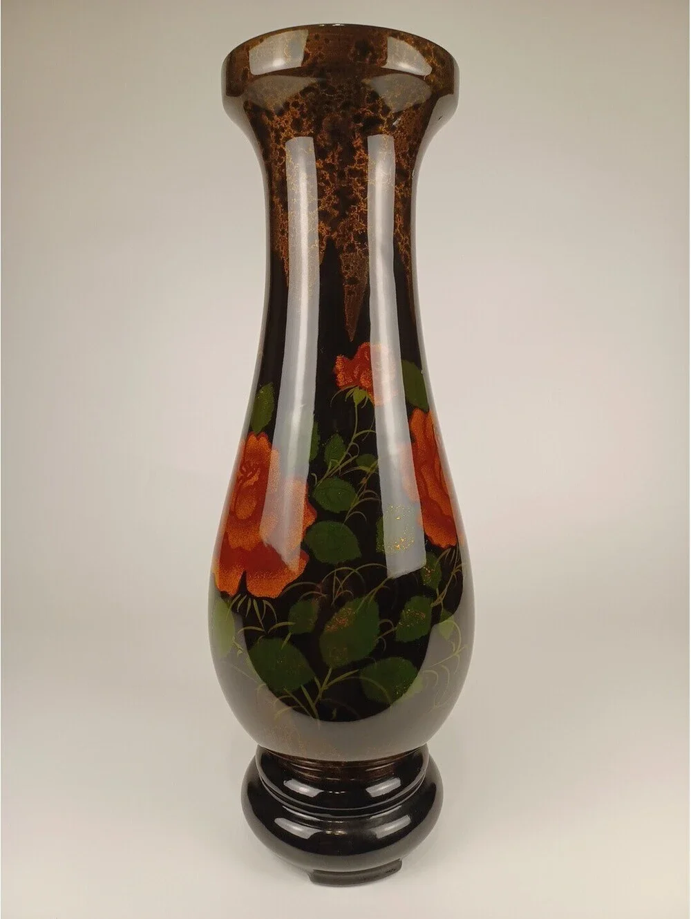 Vintage Vietnamese Black Lacquer Wood Vase Hand Painted Orange Roses Floral 16.5